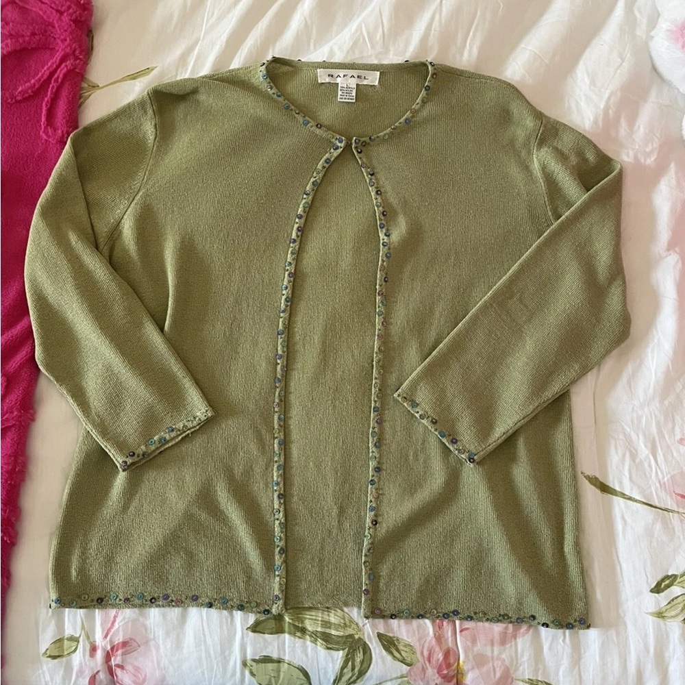 RAFAEL Green Cardigan Sweater with Sequin Trim
